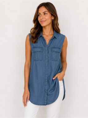 Black Tape_ Sleeveless Chambray Tunic in Denim Blue
